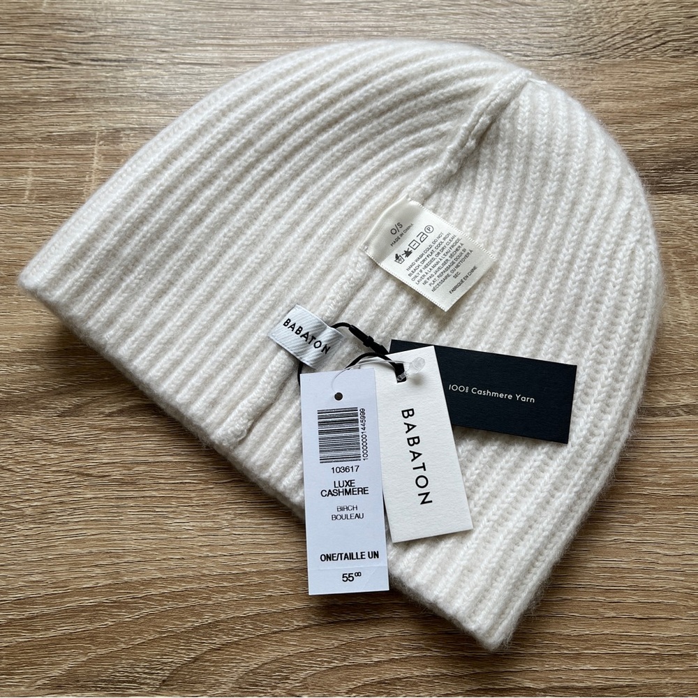 Aritzia Babaton 100% Cashmere Beanie Hat Cream Ivory Ribbed Knit NEW with Tags - Picture 11 of 13